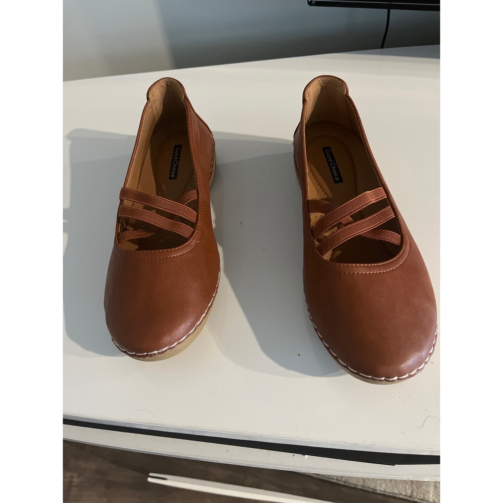 Good Choice Womens Brown Faux Leather Crisscross Elastic Strap Ballet Flats 9
